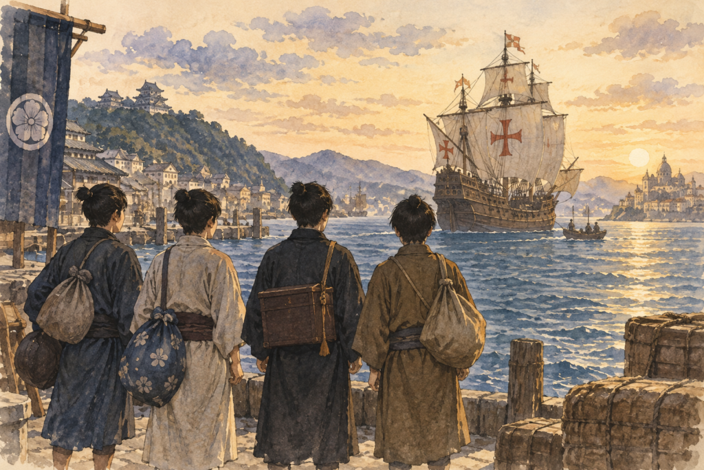 海の向こうへ旅立つ4人の少年を描いたAI生成イメージイラスト
