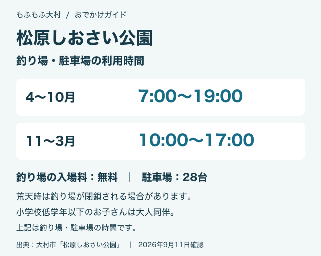 松原しおさい公園の釣り場・駐車場は4〜10月7時〜19時、11〜3月10時〜17時。釣り場入場無料、駐車場28台。荒天時は釣り場閉鎖の場合あり。