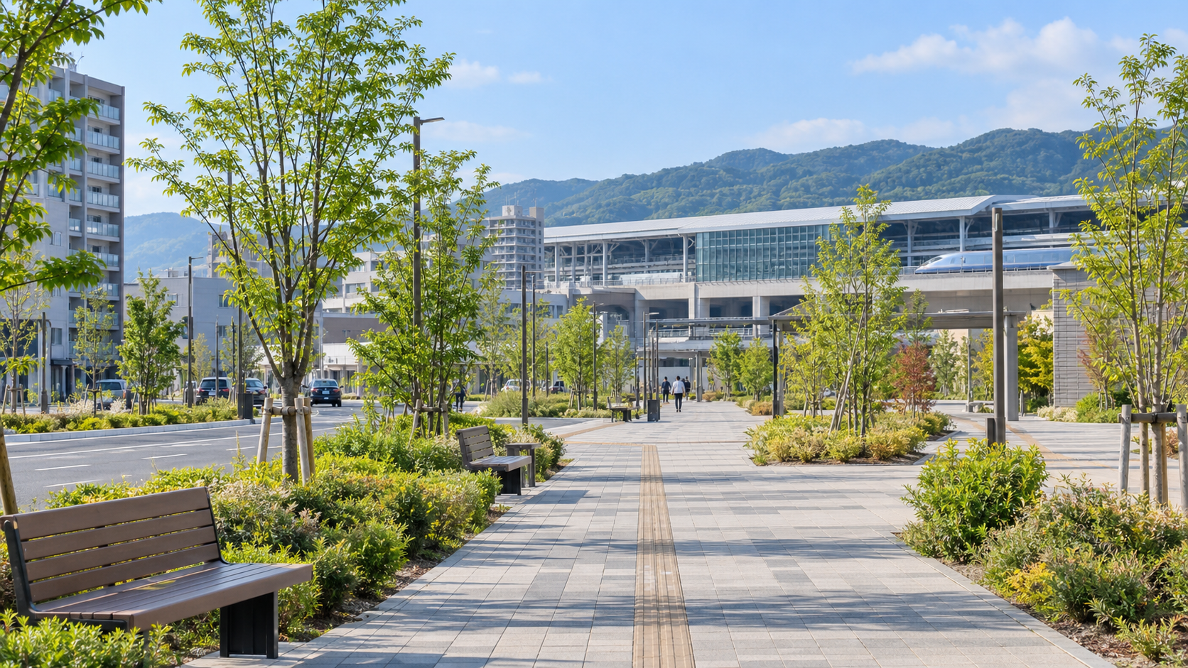 新大村駅から続く森のみち公園の緑道を描いたイメージ