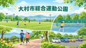 人工芝の広場やテニスコートを描いた大村市総合運動公園のイメージ