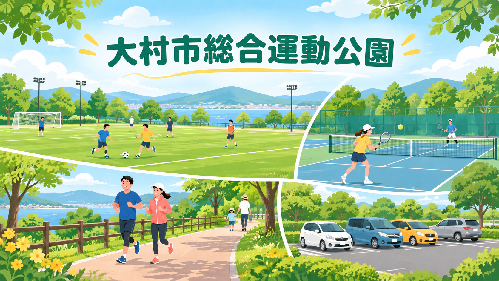 人工芝の広場やテニスコートを描いた大村市総合運動公園のイメージ