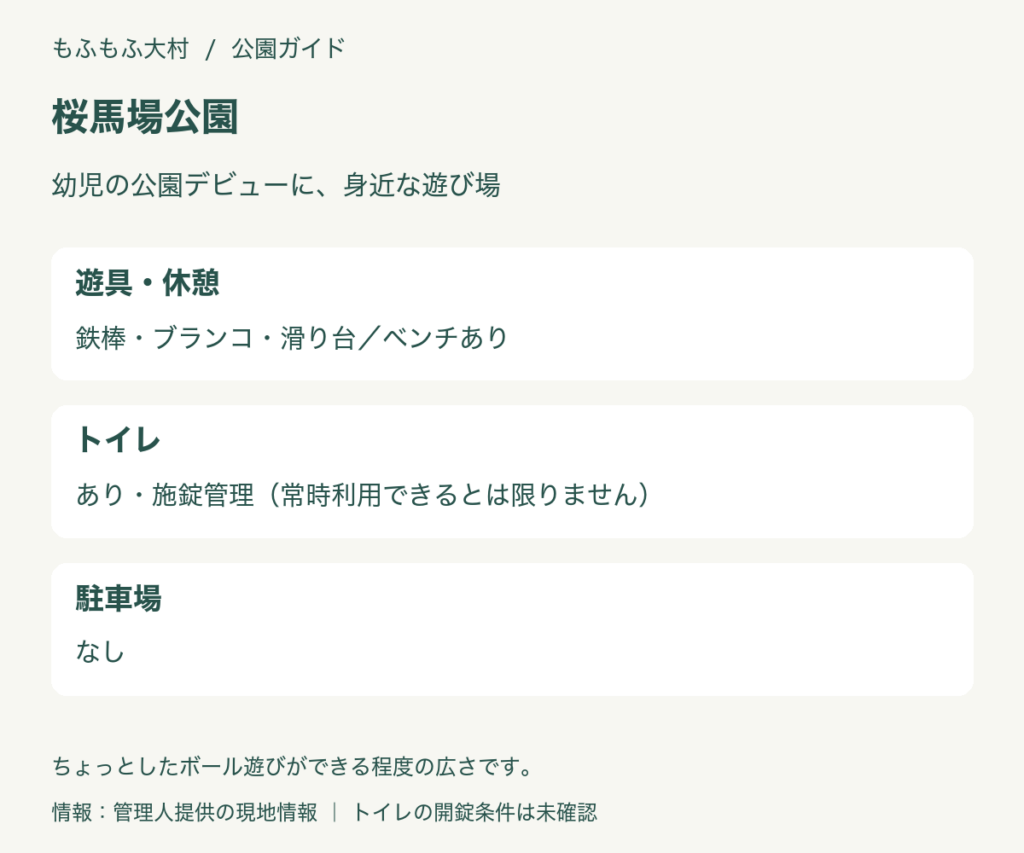 桜馬場公園の利用ガイド。鉄棒・ブランコ・滑り台とベンチがあり、トイレは施錠管理、駐車場はありません。