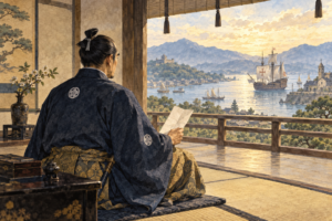 港と書状を前にした戦国大名のAI生成イメージ。大村純忠の実際の肖像ではありません