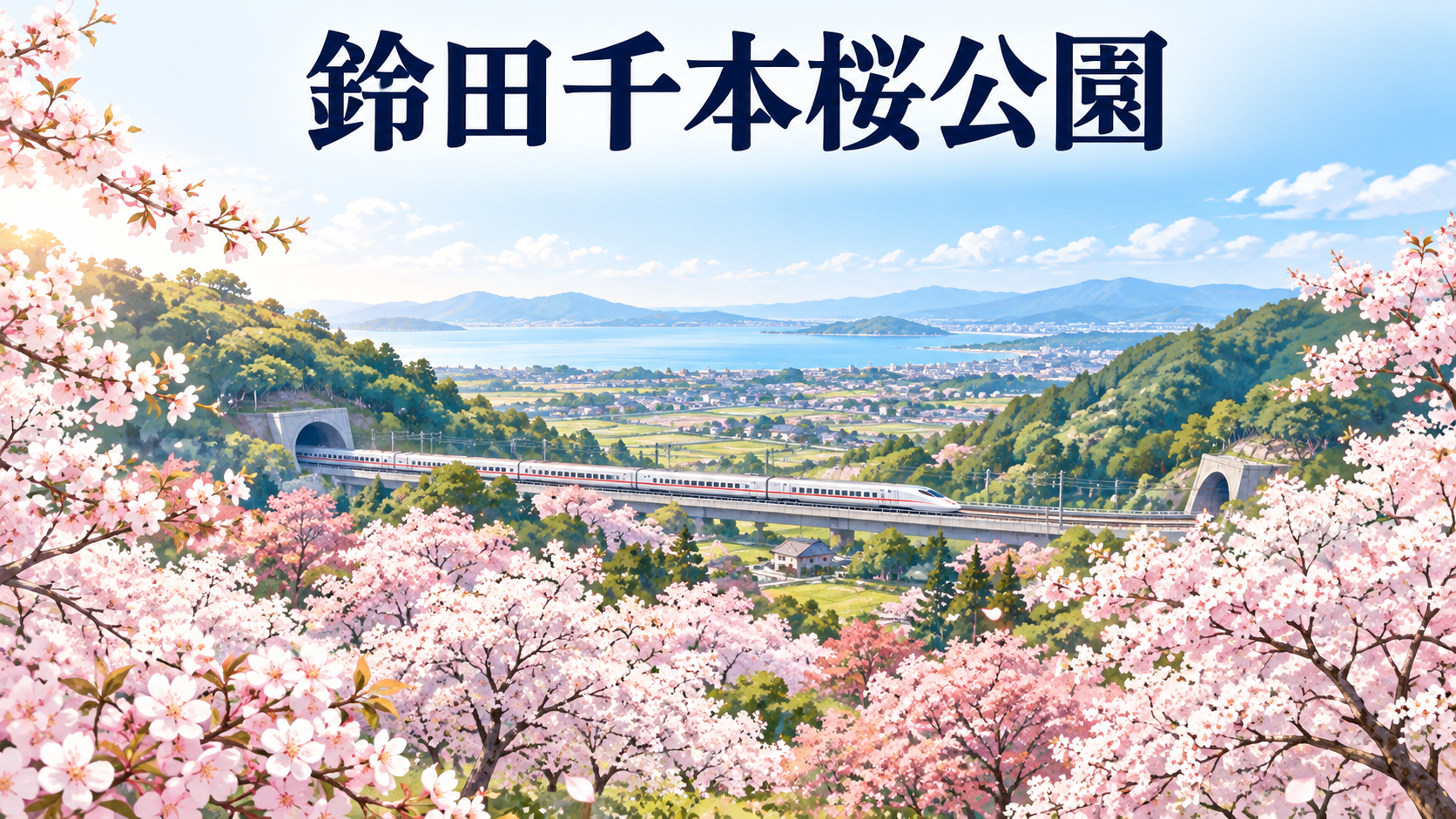 桜と西九州新幹線を描いた鈴田千本桜公園のイメージ