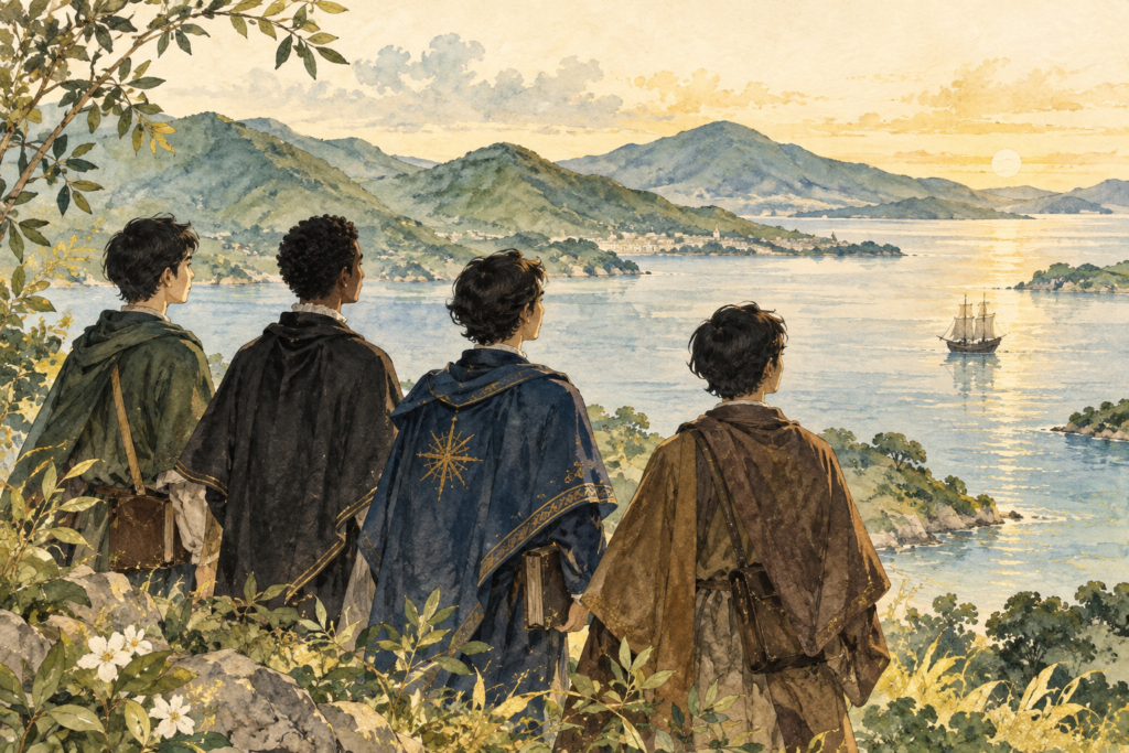 4人の少年と海を描いたAI生成イメージ。実際の顕彰像ではありません