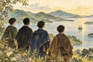4人の少年と海を描いたAI生成イメージ。実際の顕彰像ではありません